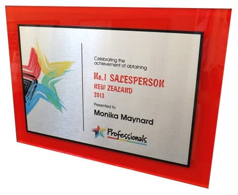 Plaque - red acrylic Large metal corporate awards plaque engraved with colour logos and text.